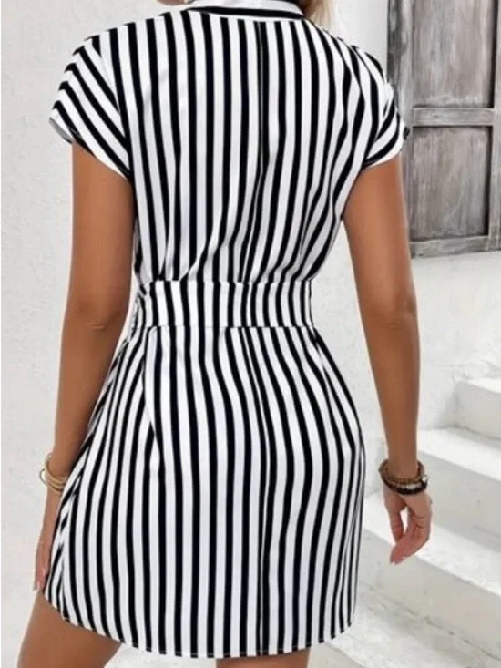 Striped Blue and White Tie-Waist Short Dress. Plus Size Available - Picture 9 of 9